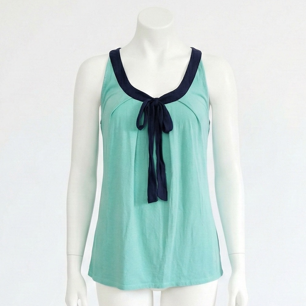 Crown & Ivy Mint Green Navy Tie Front Keyhole Tank Top Sleeveless Shirt Small